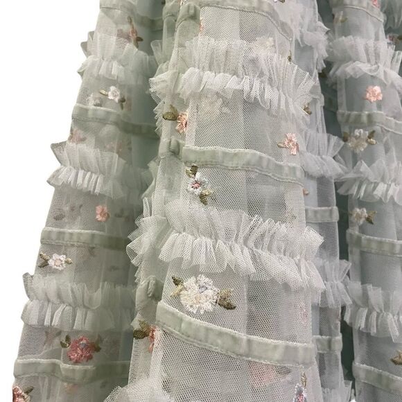 Mac Duggal Tiered Ruffle Cross-Back Smock-Waist Floral Embroidered Gown - Picture 6 of 12